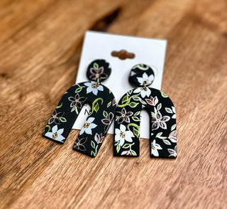 Black Floral Clay Arch Earrings
