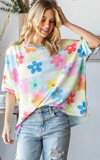 Pink Combo Flower Checkered Top