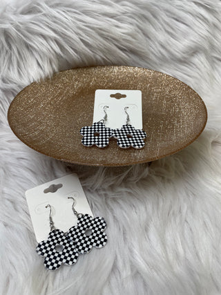 Black and White Checkered Flower Earrings