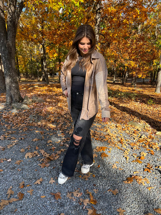 Grey Suede Colorblock Button Top