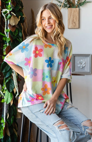 Pink Combo Flower Checkered Top