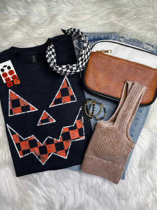 Pumpkin Face Checkered Tee
