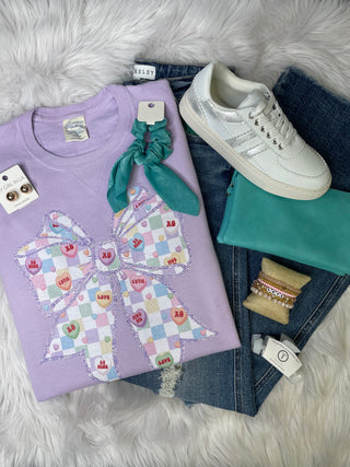 Candy Hearts Checkered Bow Crewneck