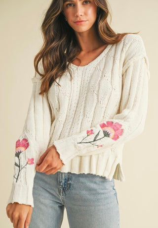 Ivory Flower Embroidered Sleeve Cable Sweater