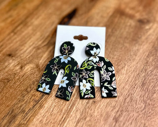 Black Floral Clay Arch Earrings