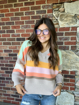 Mocha Brown Combo Stripe V Neck Sweater
