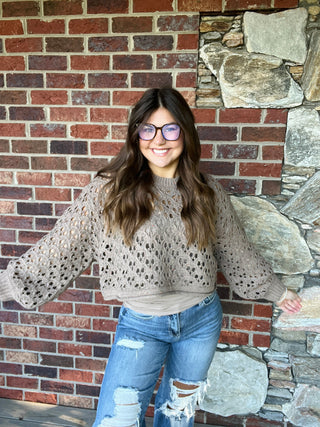 Mocha Cropped Crochet Balloon Sleeve Sweater