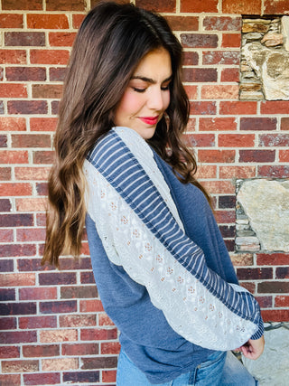 Vintage Navy Multi Fabric Contrast Sleeve V Neck Top