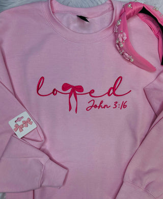 Pink Loved Bow John 3:16 Crewneck