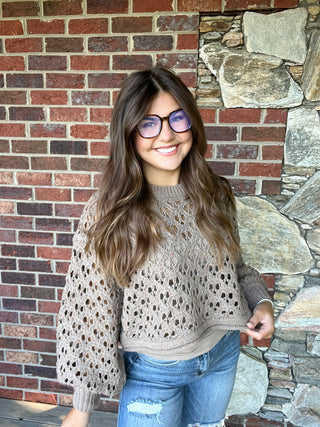 Mocha Cropped Crochet Balloon Sleeve Sweater
