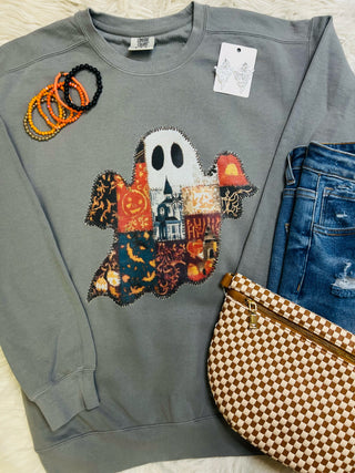 Halloween Patchwork Ghost Lightweight Crewneck