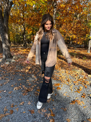 Grey Suede Colorblock Button Top