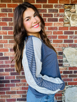 Vintage Navy Multi Fabric Contrast Sleeve V Neck Top