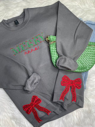 Merry Name Floral Embroidered Bow Crewneck