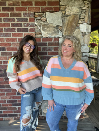 Mocha Brown Combo Stripe V Neck Sweater