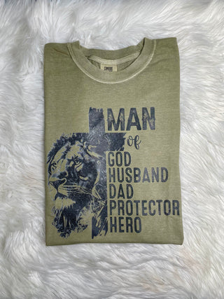 Man Of God Husband Dad Protector Hero Graphic Tee