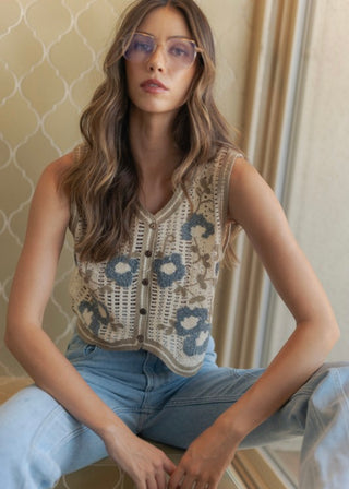 Latte Floral Embroidered Crochet Sweater Vest