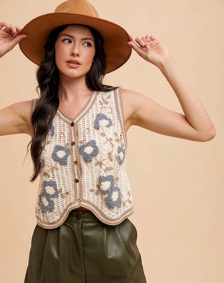 Latte Floral Embroidered Crochet Sweater Vest