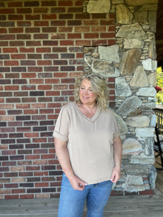 Light Mocha Corded Ribbed V Neck Top