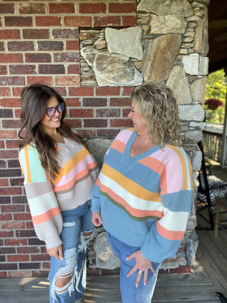 Mocha Brown Combo Stripe V Neck Sweater