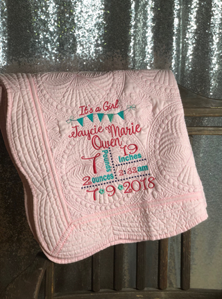Birth Announcement Baby Quilt-Baby Blanket-Crib Quilt-Baby Gift-Embroidered Baby Quilt
