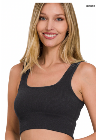 Black Ribbed Square Neck Tank Top