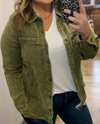 Olive Gauze Button Top