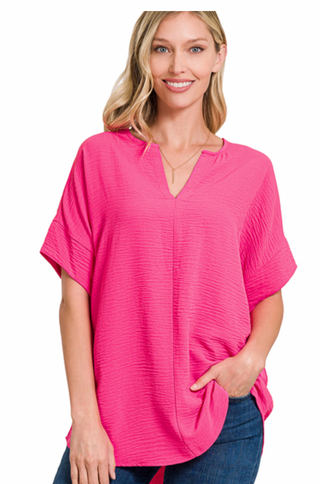 Fuchsia Split Neck Woven Airflow Top