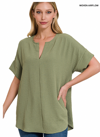 Light Olive Split Neck Woven Airflow Top