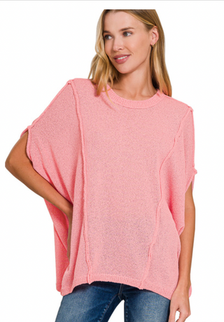 Dark Pink Drop Shoulder Short Sleeve Sweater Top