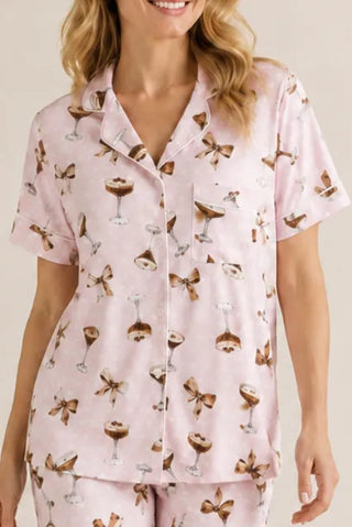 Espresso Martini Print Jersey S/S Button Front Top + Pull On Pant PJ Set