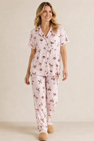 Espresso Martini Print Jersey S/S Button Front Top + Pull On Pant PJ Set