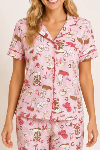 Western Print Jersey S/S Button Front Top + Pull On Pant PJ Set