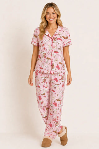 Western Print Jersey S/S Button Front Top + Pull On Pant PJ Set