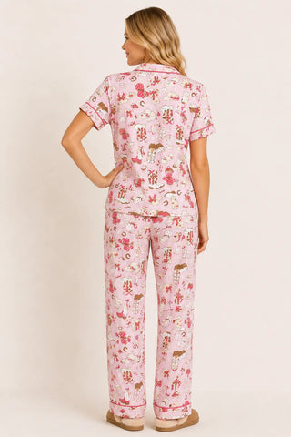 Western Print Jersey S/S Button Front Top + Pull On Pant PJ Set