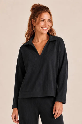 Black Urban Ribbed Johnny Collar Drop Shoulder Top