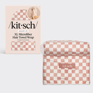 Extra Large Quick-Dry Hair Towel Wrap- Terracotta Checker