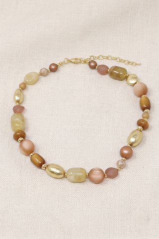 Earthy Resin & Metal Pebble Beaded Statement Necklace: Natural