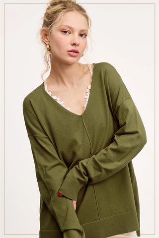 Olive Stretchy V-Neck Long Sleeve Lightweight Knit Top