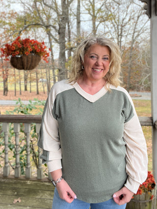 Olive V-Neck Colorblock Top