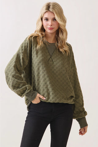 Olive Soft Textured Checker Knit Pullover Sweatshirt