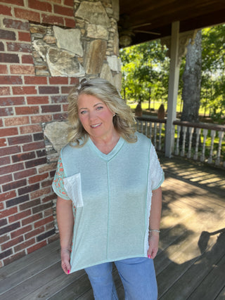 Color Block Patchwork Knit Top with Pocket