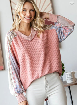 Mauve Lace Contrast V Neck Top