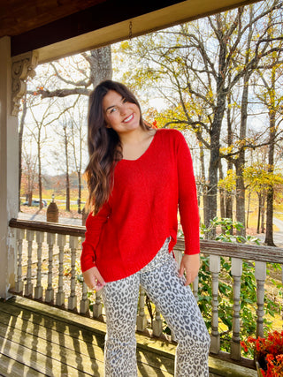 Red Soft Lightweight Loose Fit Textured Pullover Sweater