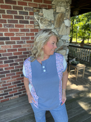 Denim Floral Mixed Print Henley Top