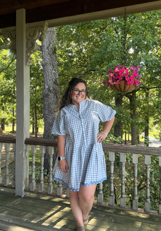 Blue Gingham Button Front Ric Rac Trim Dress