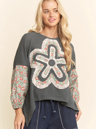 Seafoam Waffle Knit Multi-Flower Print Sleeves Top