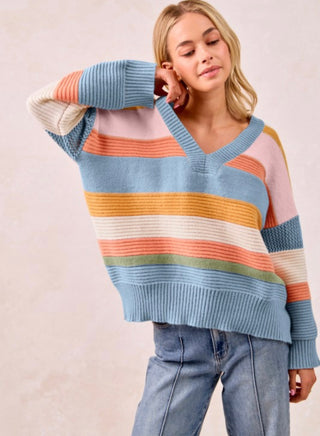 Denim Olive Combo Stripe V Neck Sweater