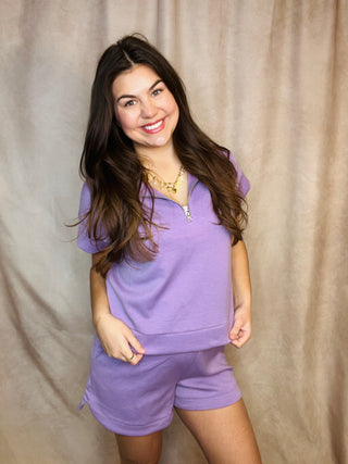 Lavender Scuba high neck half zip top & dolphin shorts set
