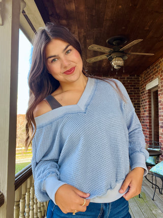 Denim Loose Fit V-Neck Waffle Textured Long Sleeve Top